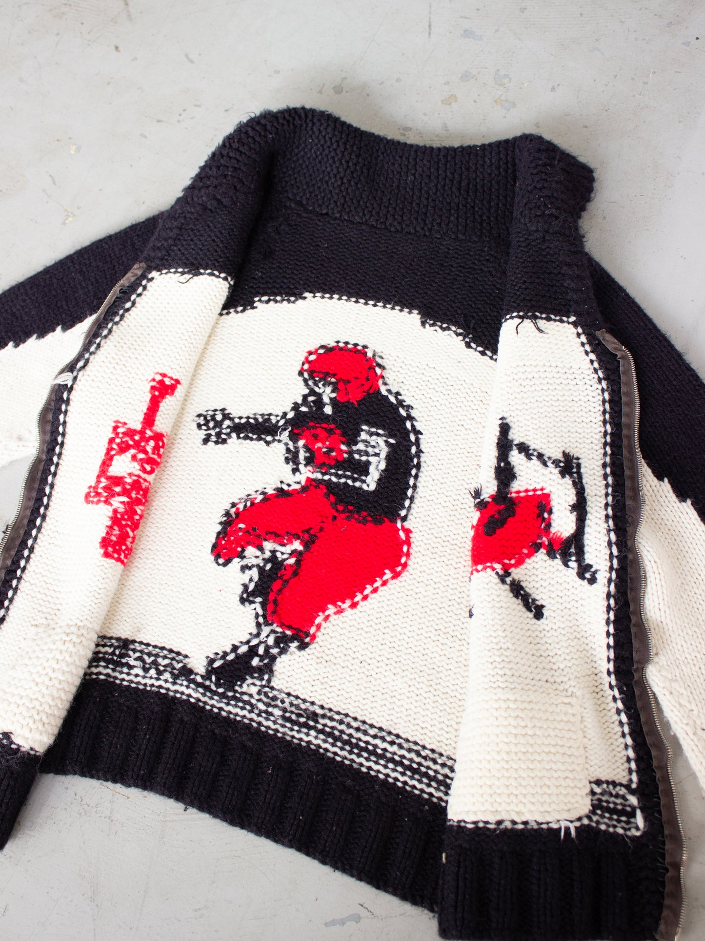 1940's - 1950's Cowichan Style JMB Football Thick Knit Wool Sweater with Crown Zipper Small Medium