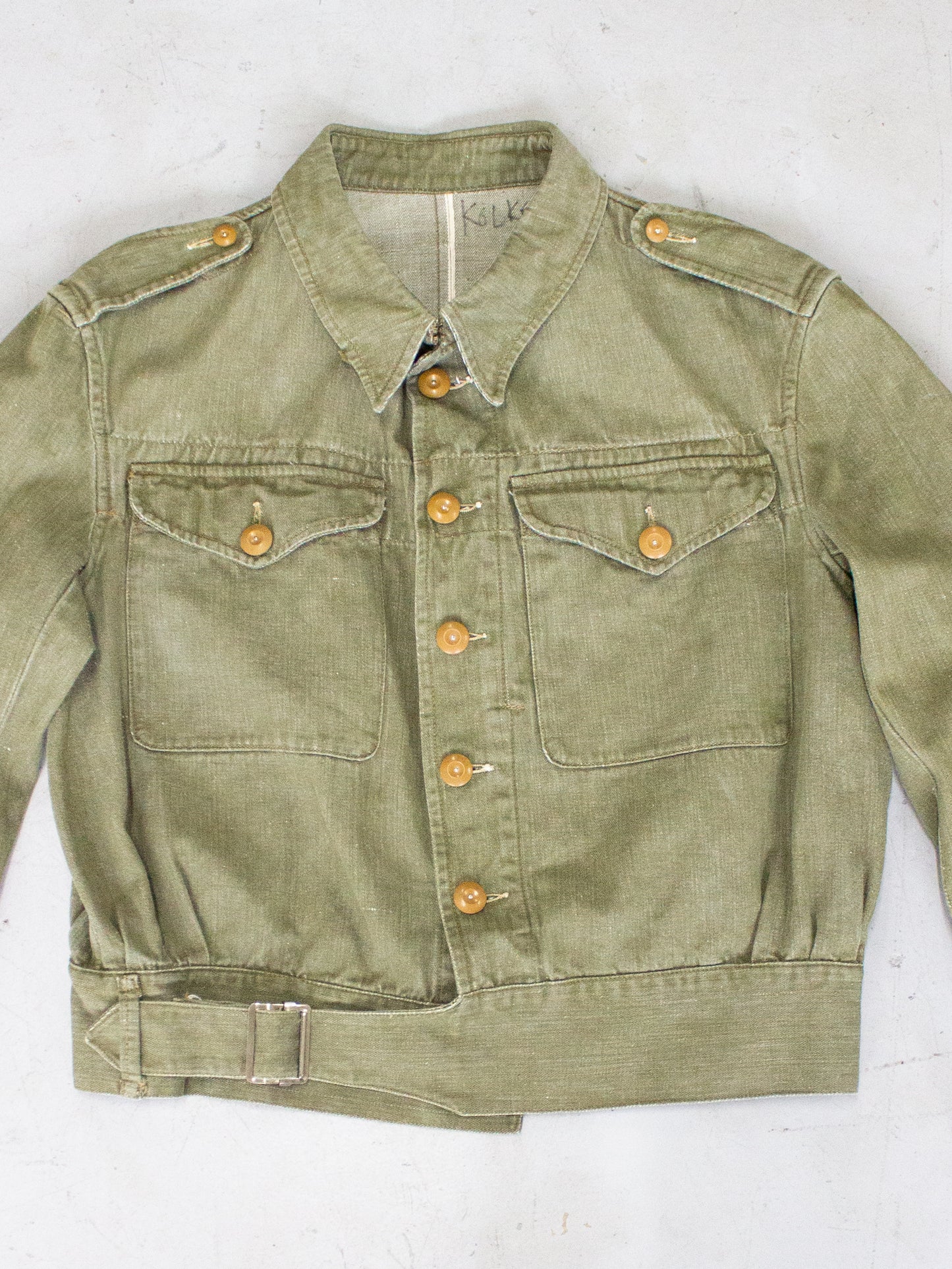 1950's British Military Royal Marines Overalls Blouse Jacket in Olive Green Cotton Label Dated 1952 (Size Medium - Large)