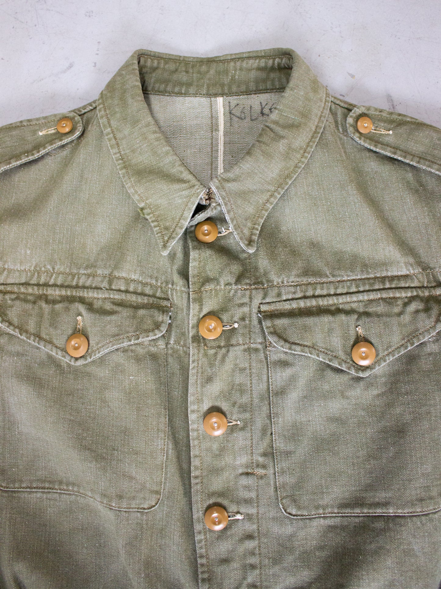 1950's British Military Royal Marines Overalls Blouse Jacket in Olive Green Cotton Label Dated 1952 (Size Medium - Large)