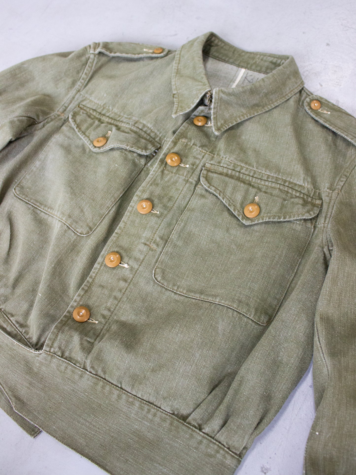 1950's British Military Royal Marines Overalls Blouse Jacket in Olive Green Cotton Label Dated 1952 (Size Medium - Large)