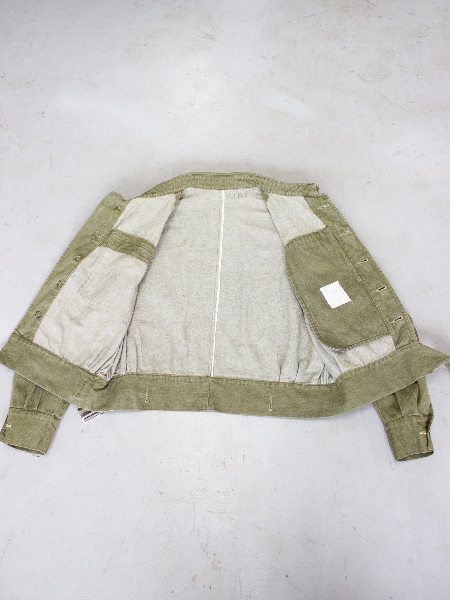 1950's British Military Royal Marines Overalls Blouse Jacket in Olive Green Cotton Label Dated 1952 (Size Medium - Large)