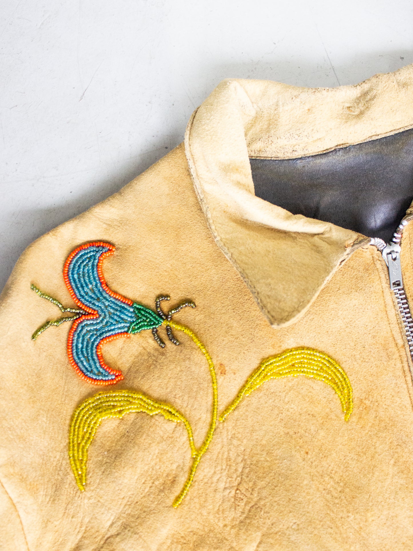 1950's Tan Buckskin Suede Fringed Native Canadian Jacket with Hand Beaded Flowers Acme Zipper (Women's Medium)