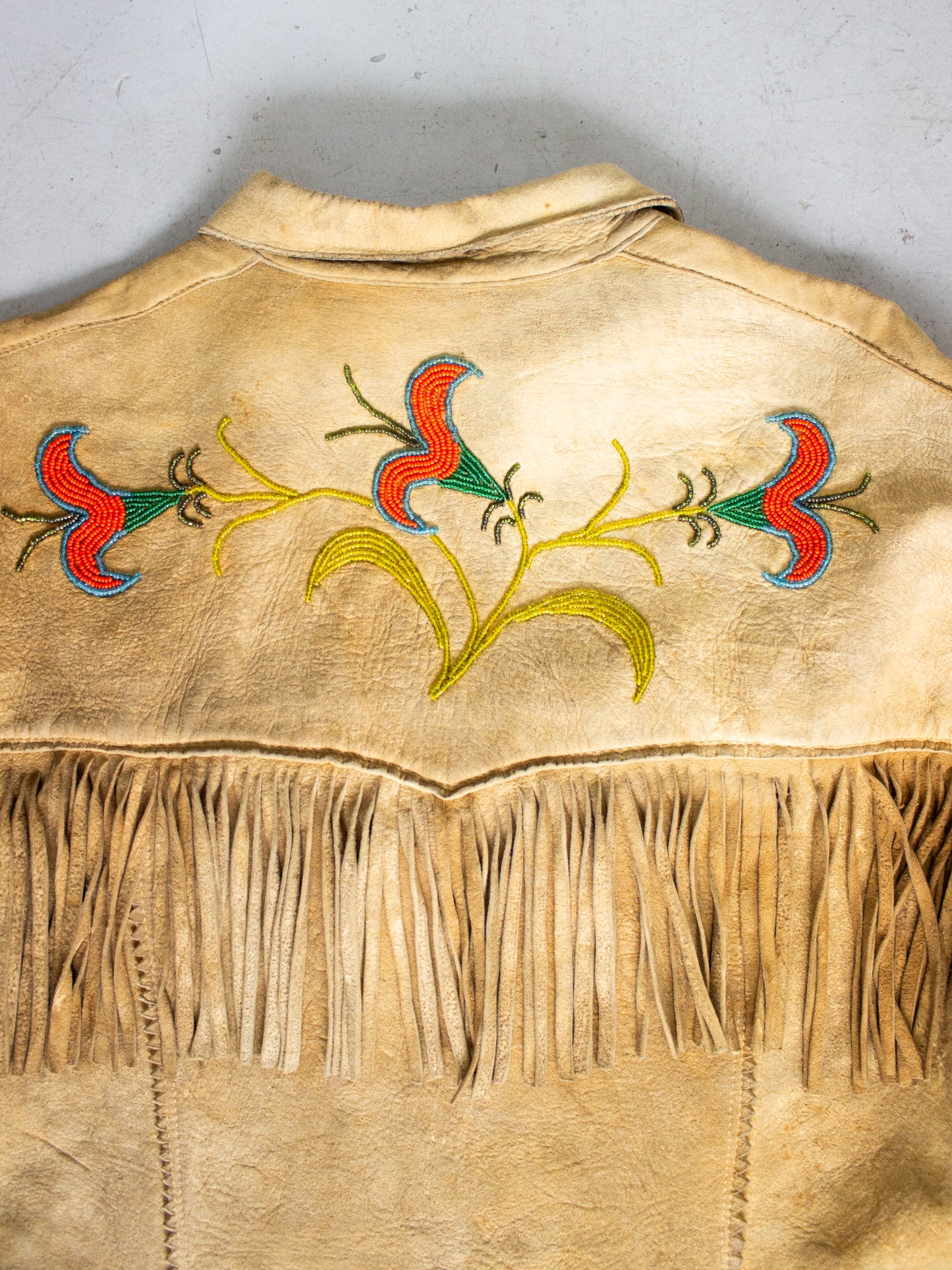 1950's Tan Buckskin Suede Fringed Native Canadian Jacket with Hand Beaded Flowers Acme Zipper (Women's Medium)