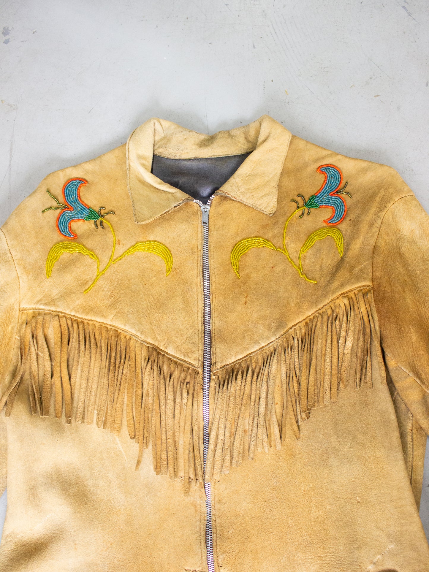 1950's Tan Buckskin Suede Fringed Native Canadian Jacket with Hand Beaded Flowers Acme Zipper (Women's Medium)