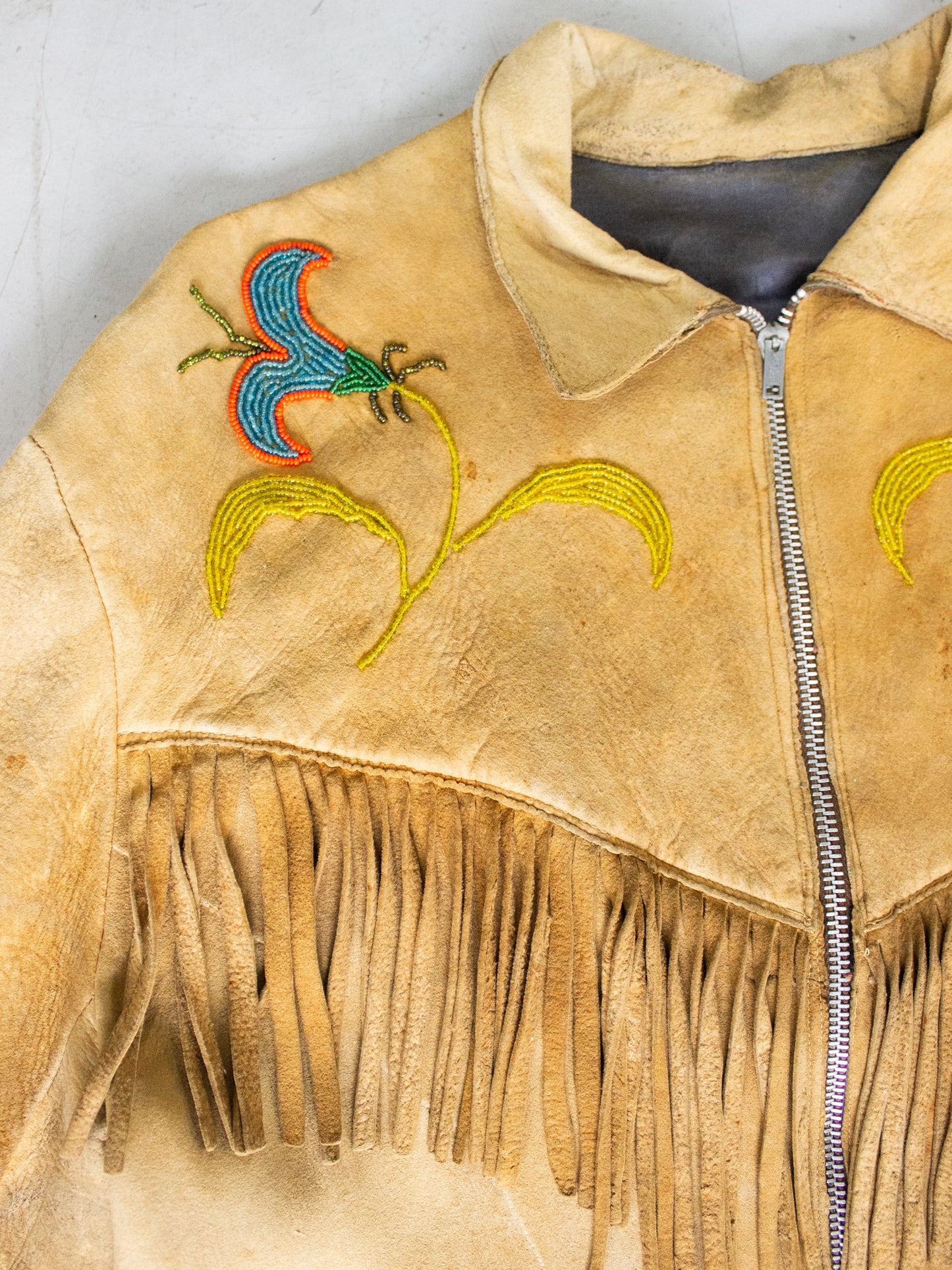 1950's Tan Buckskin Suede Fringed Native Canadian Jacket with Hand Beaded Flowers Acme Zipper (Women's Medium)