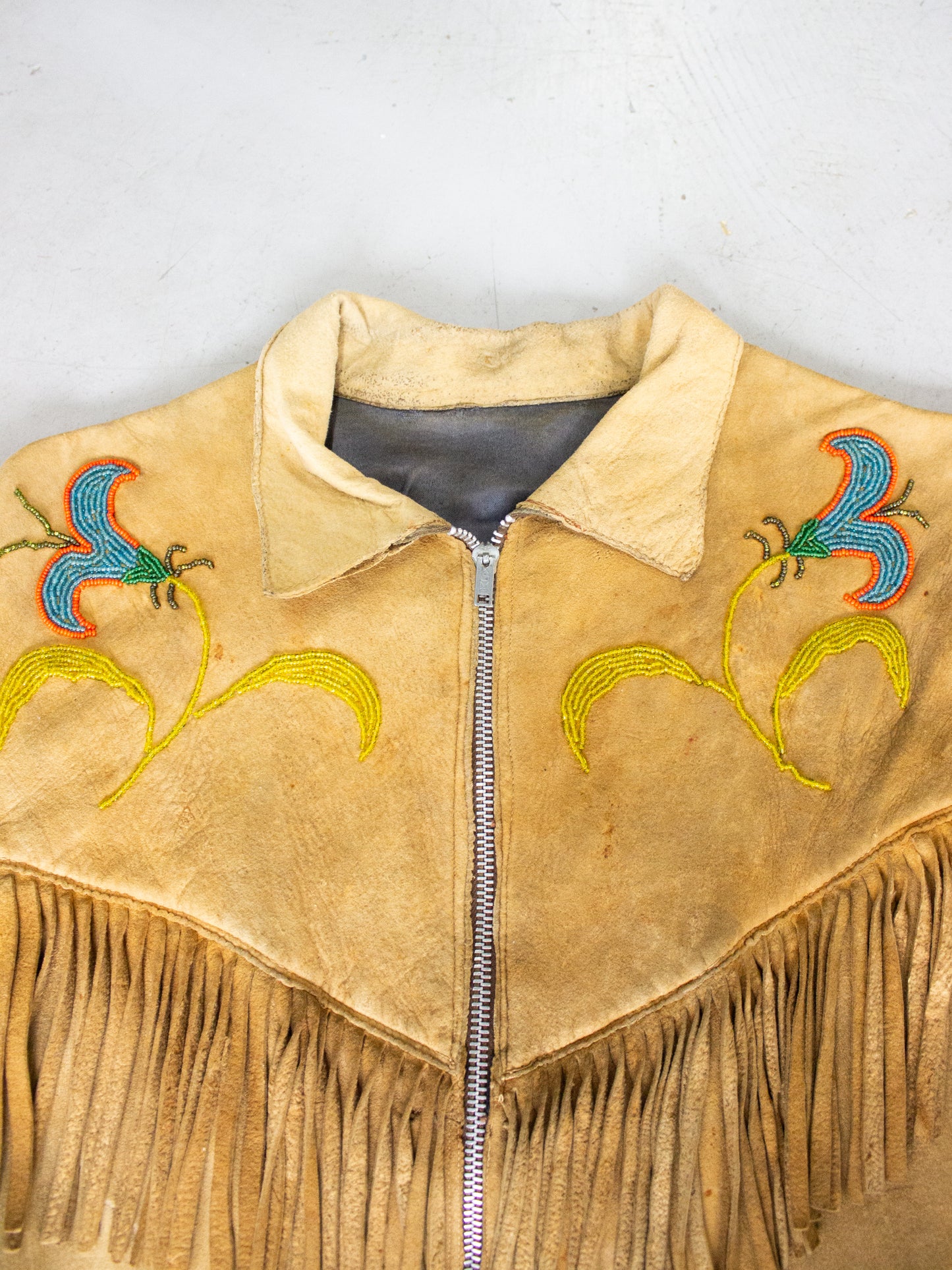 1950's Tan Buckskin Suede Fringed Native Canadian Jacket with Hand Beaded Flowers Acme Zipper (Women's Medium)