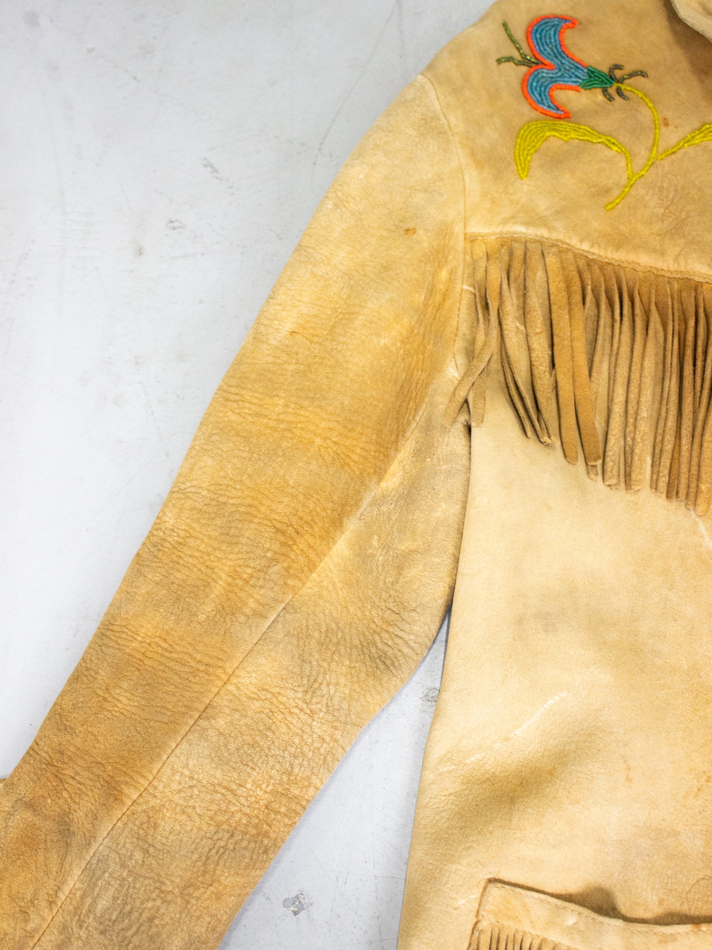 1950's Tan Buckskin Suede Fringed Native Canadian Jacket with Hand Beaded Flowers Acme Zipper (Women's Medium)