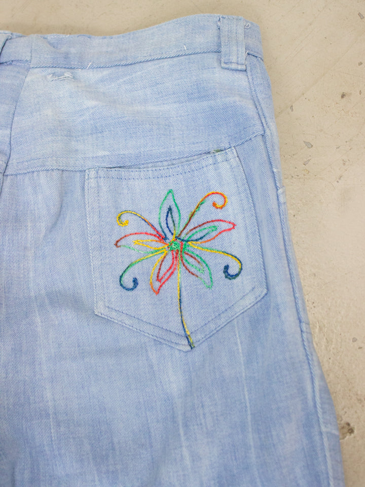 1960's - 1970's Light Wash Flared Denim Jeans with Embroidered Flowers Back Pockets (Size 26)