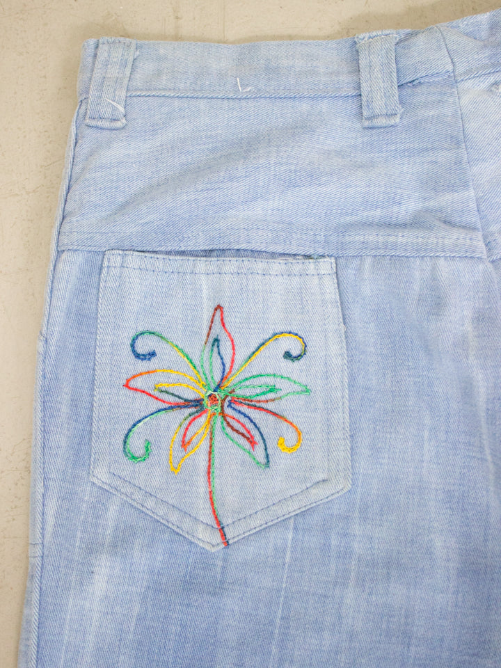 1960's - 1970's Light Wash Flared Denim Jeans with Embroidered Flowers Back Pockets (Size 26)