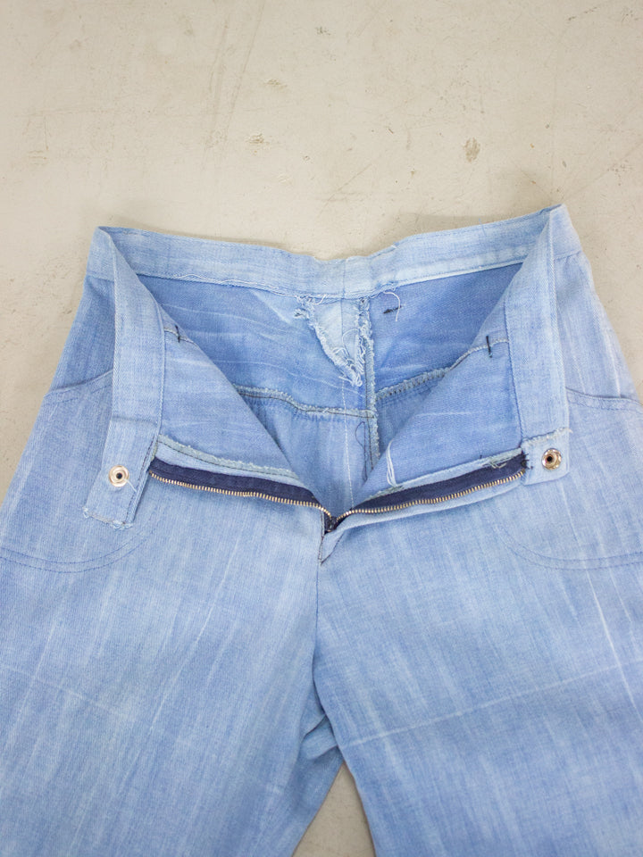 1960's - 1970's Light Wash Flared Denim Jeans with Embroidered Flowers Back Pockets (Size 26)