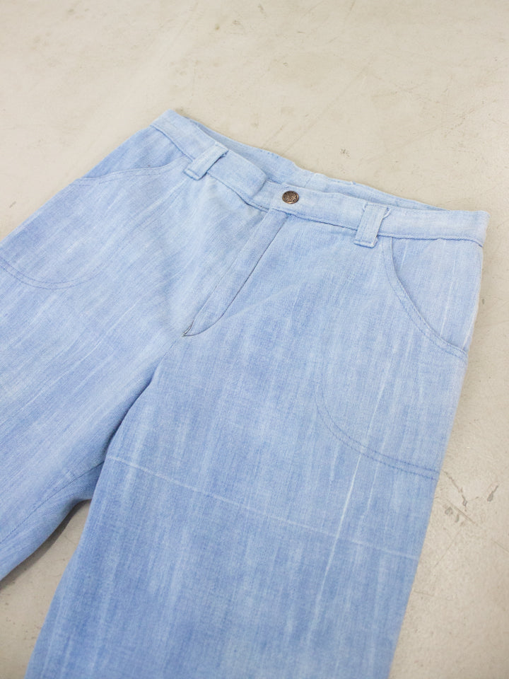 1960's - 1970's Light Wash Flared Denim Jeans with Embroidered Flowers Back Pockets (Size 26)