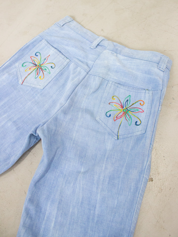 1960's - 1970's Light Wash Flared Denim Jeans with Embroidered Flowers Back Pockets (Size 26)