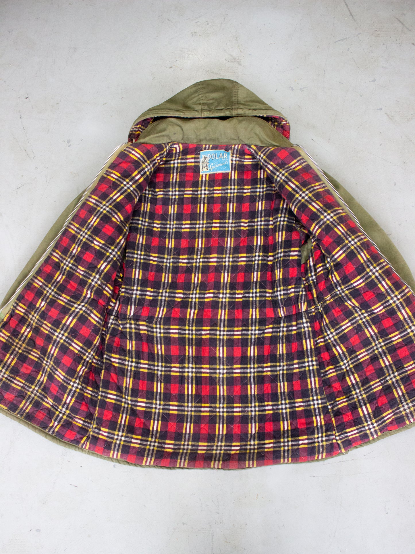 1960's 1970's Polar Garments Hunting Jacket with Plaid Quilted Lining and Patch (Size Medium)