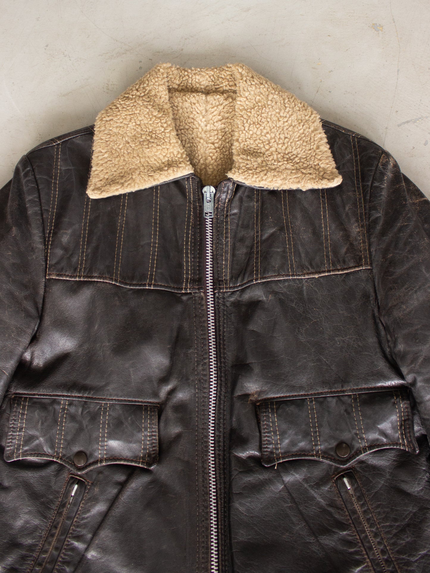 1970's Brown Leather Jacket with Sherpa Lining (Medium-Large)