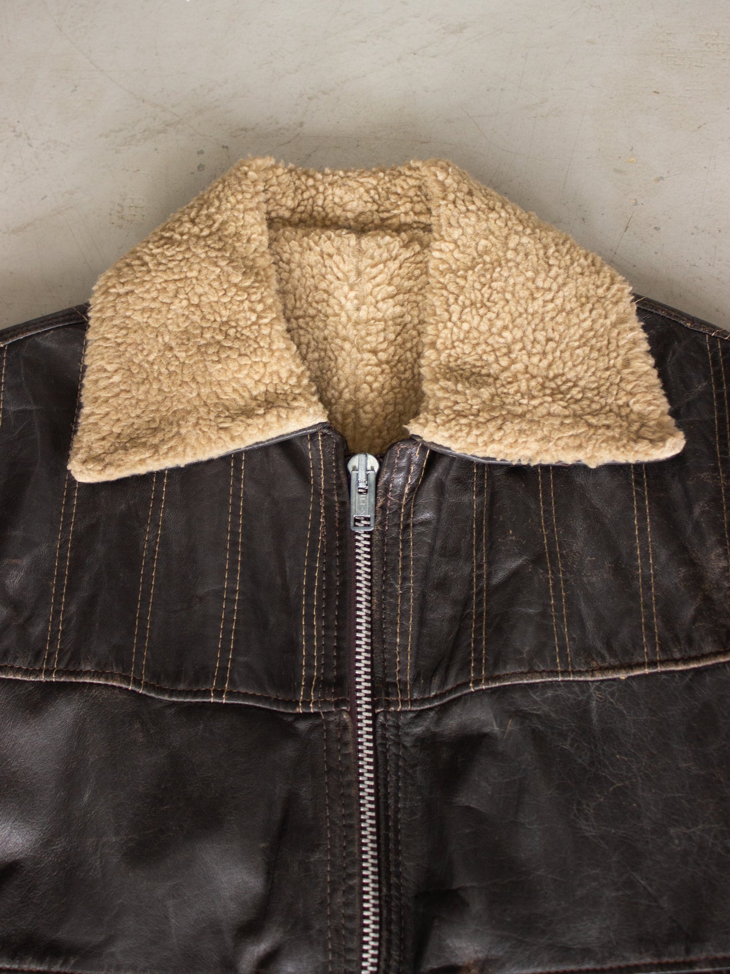 1970's Brown Leather Jacket with Sherpa Lining (Medium-Large)
