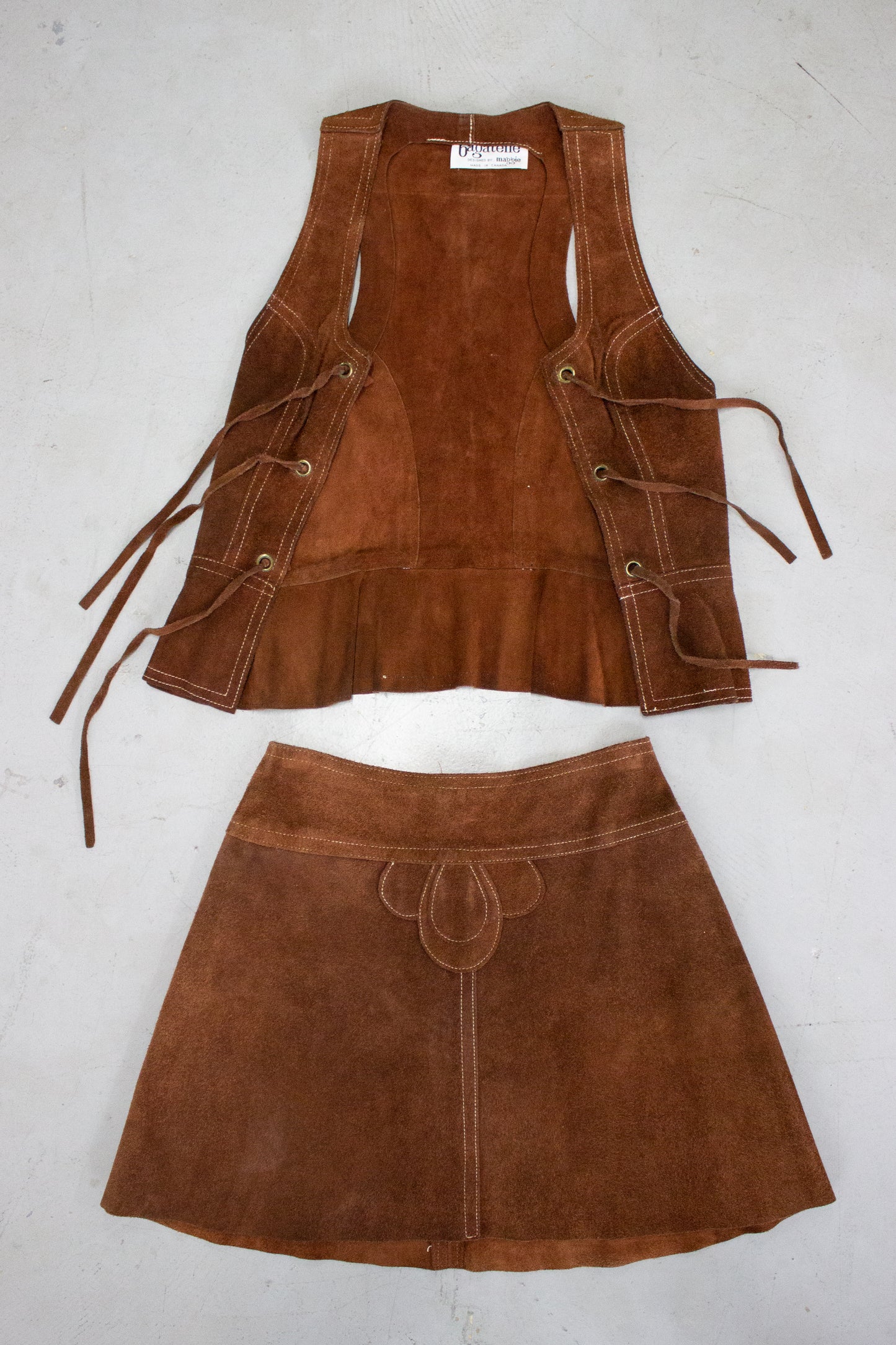 1970's Brown Suede Leather Vest + Skirt Set by Bagatelle Made in Canada (Small)
