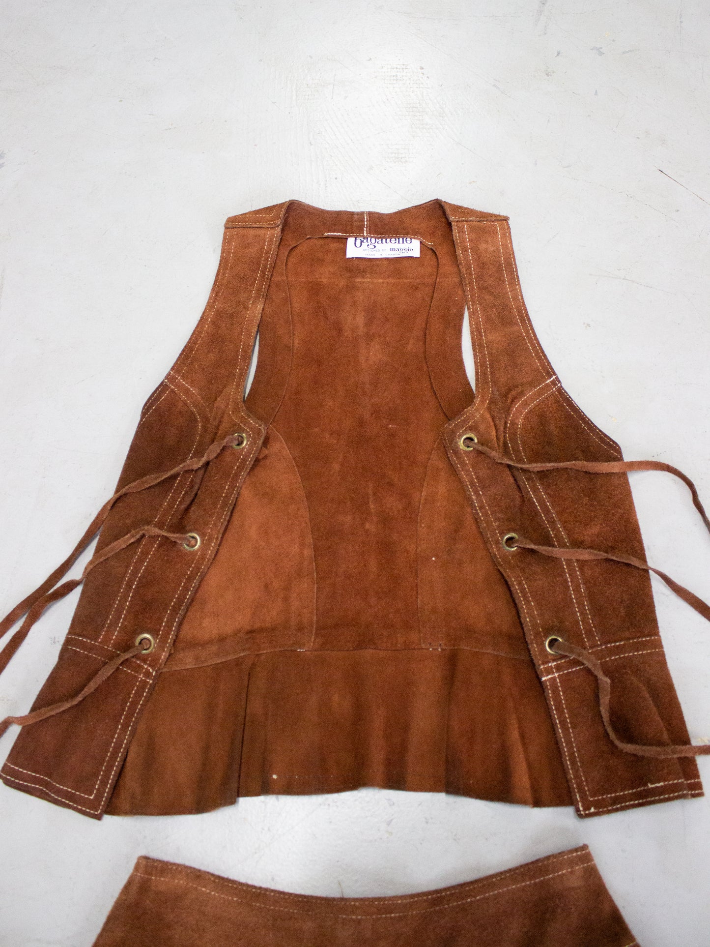 1970's Brown Suede Leather Vest + Skirt Set by Bagatelle Made in Canada (Small)
