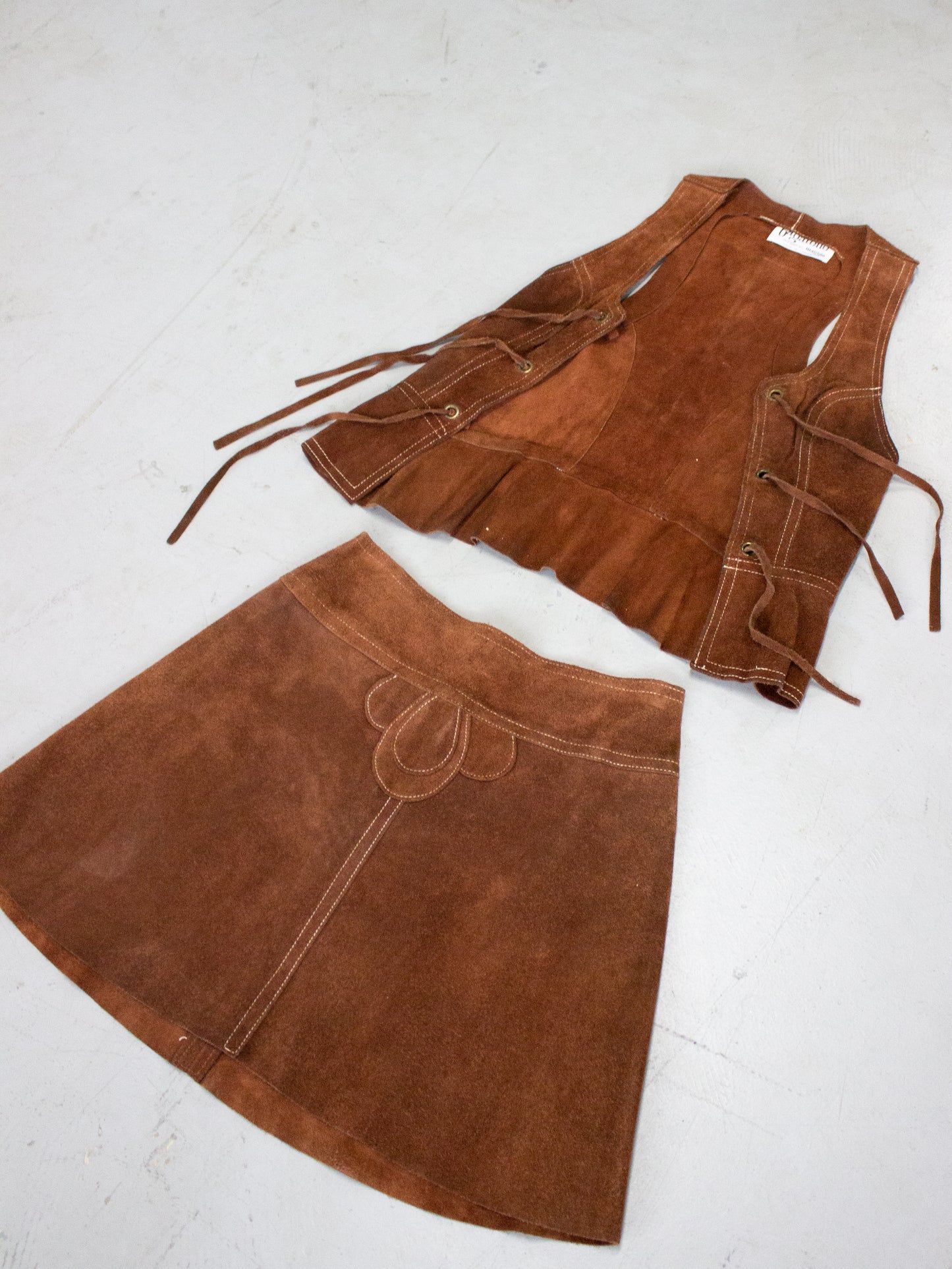 1970's Brown Suede Leather Vest + Skirt Set by Bagatelle Made in Canada (Small)