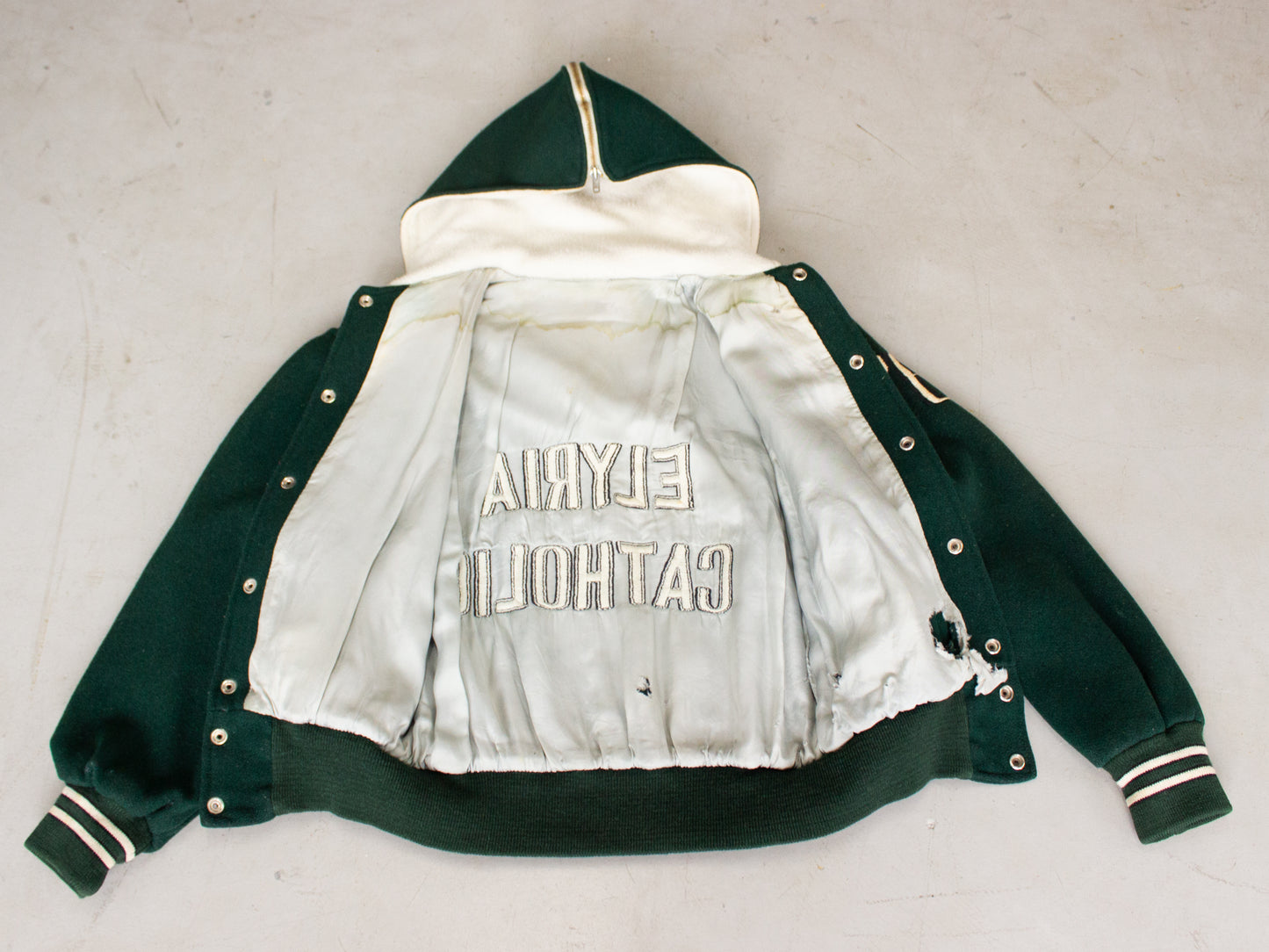1970's Elyria Catholic School Wool Leather Varsity Jacket (Small-Medium)