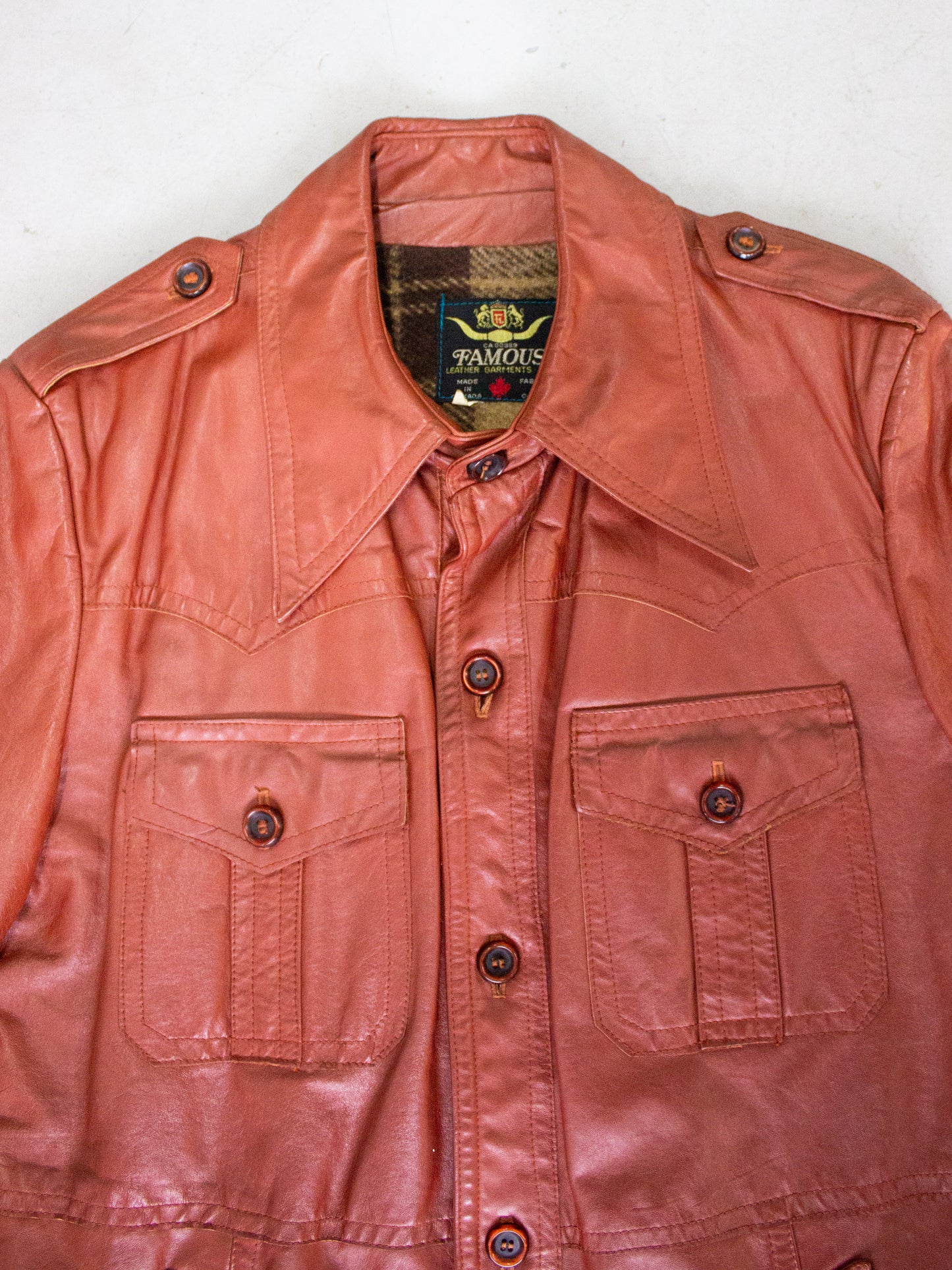 1970's Famous Leather Garments Rust Leather Jacket with Flannel Wool Lining Made in Canada (Size Medium Large)