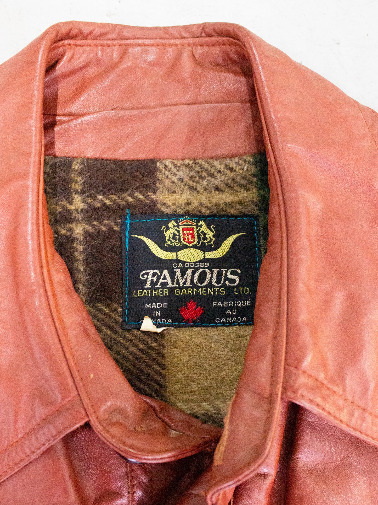 1970's Famous Leather Garments Rust Leather Jacket with Flannel Wool Lining Made in Canada (Size Medium Large)