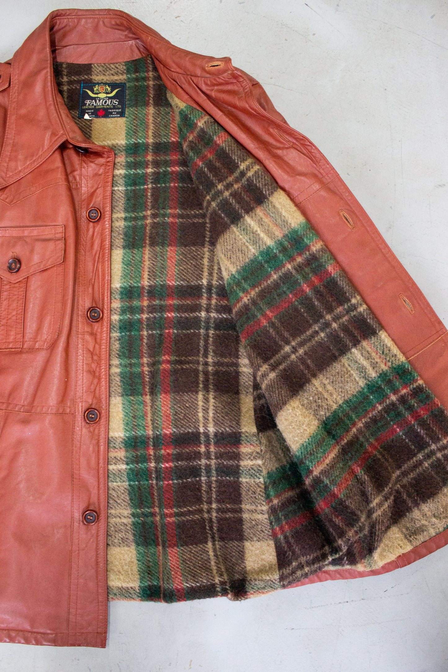 1970's Famous Leather Garments Rust Leather Jacket with Flannel Wool Lining Made in Canada (Size Medium Large)