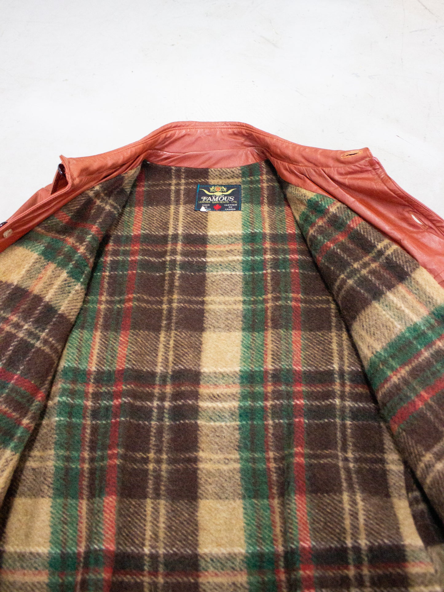 1970's Famous Leather Garments Rust Leather Jacket with Flannel Wool Lining Made in Canada (Size Medium Large)