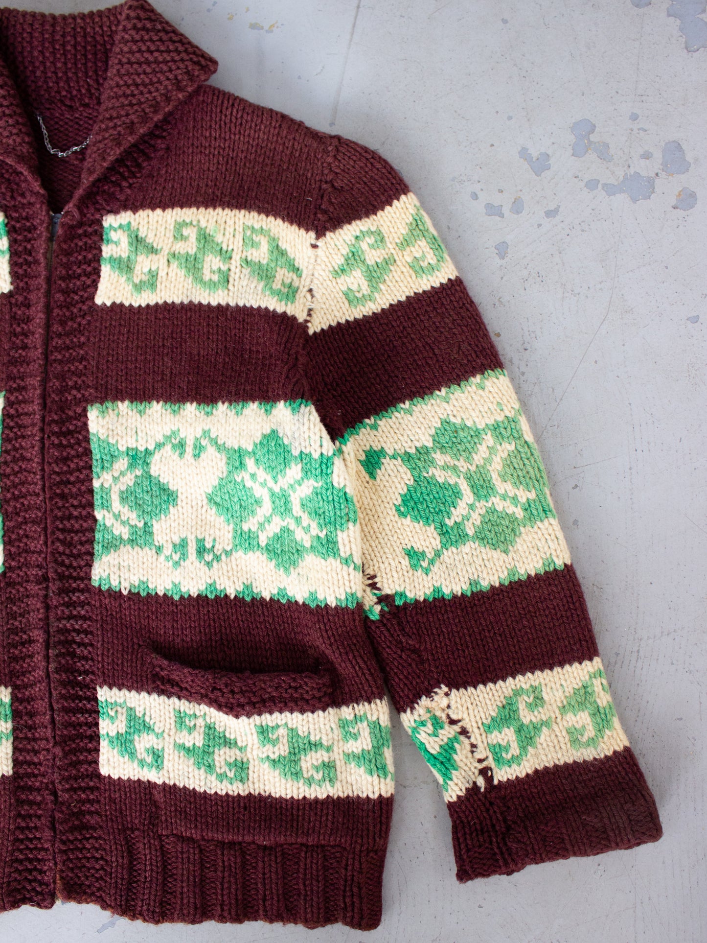 1970's Green & Brown Cowichan Style Wool Knit Sweater with Lion Zipper Large