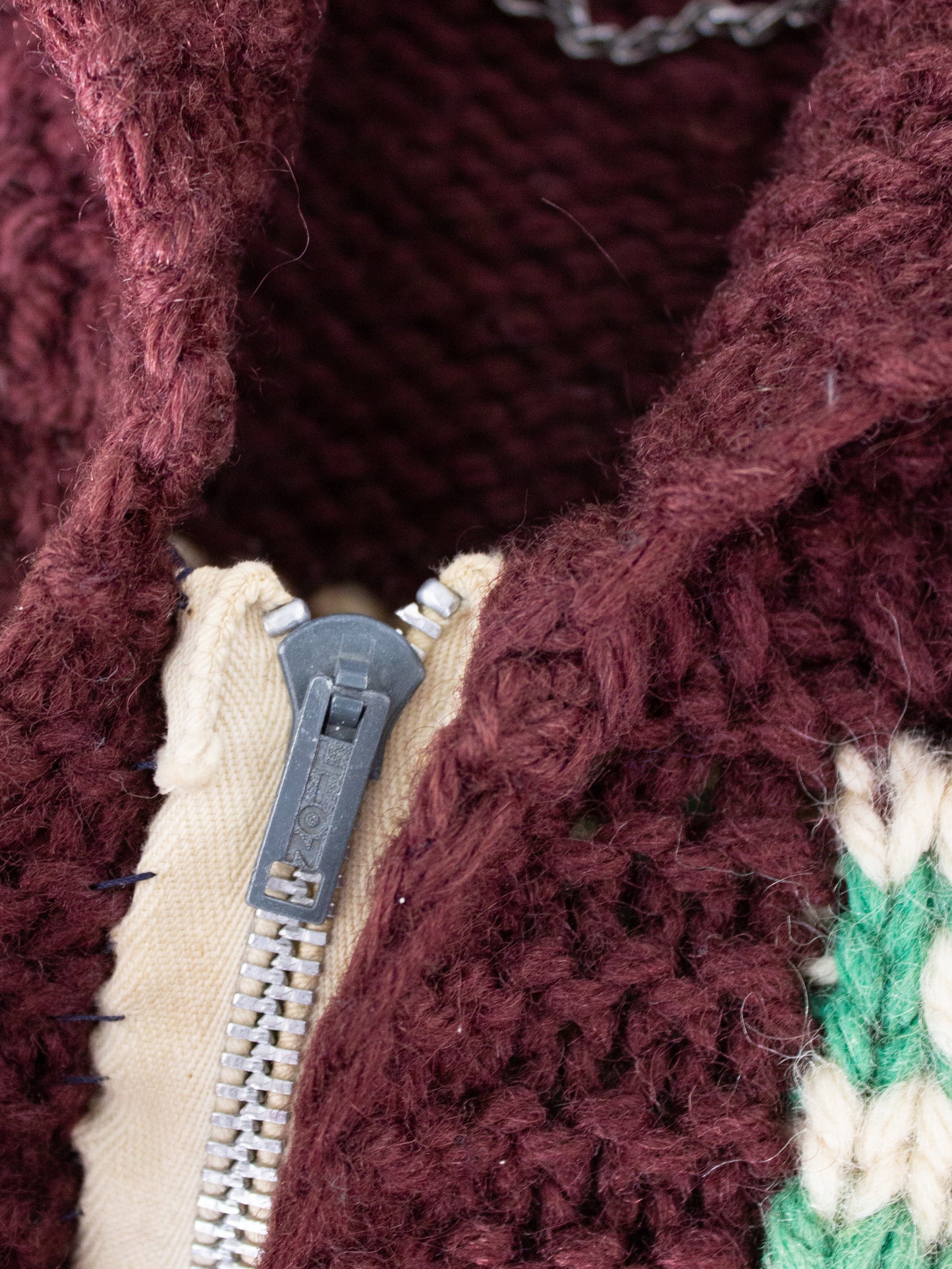 1970's Green & Brown Cowichan Style Wool Knit Sweater with Lion Zipper Large