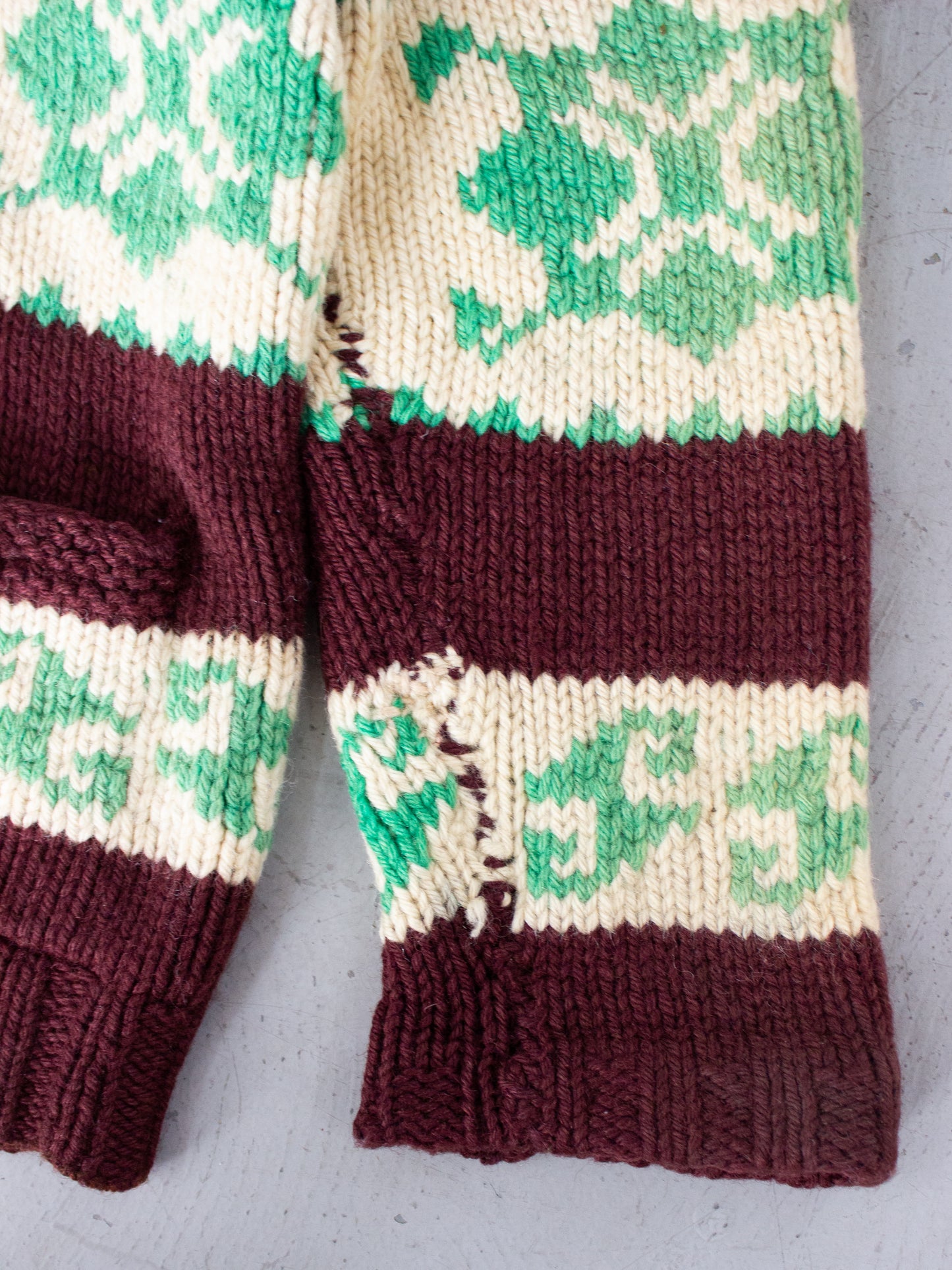 1970's Green & Brown Cowichan Style Wool Knit Sweater with Lion Zipper Large