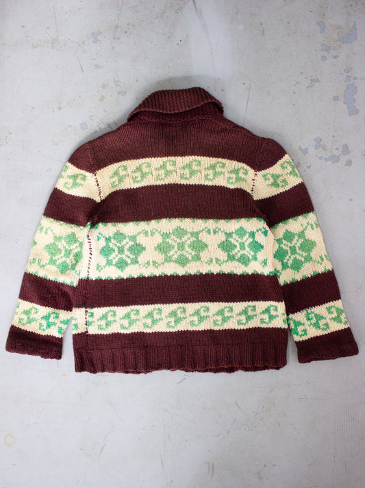 1970's Green & Brown Cowichan Style Wool Knit Sweater with Lion Zipper Large
