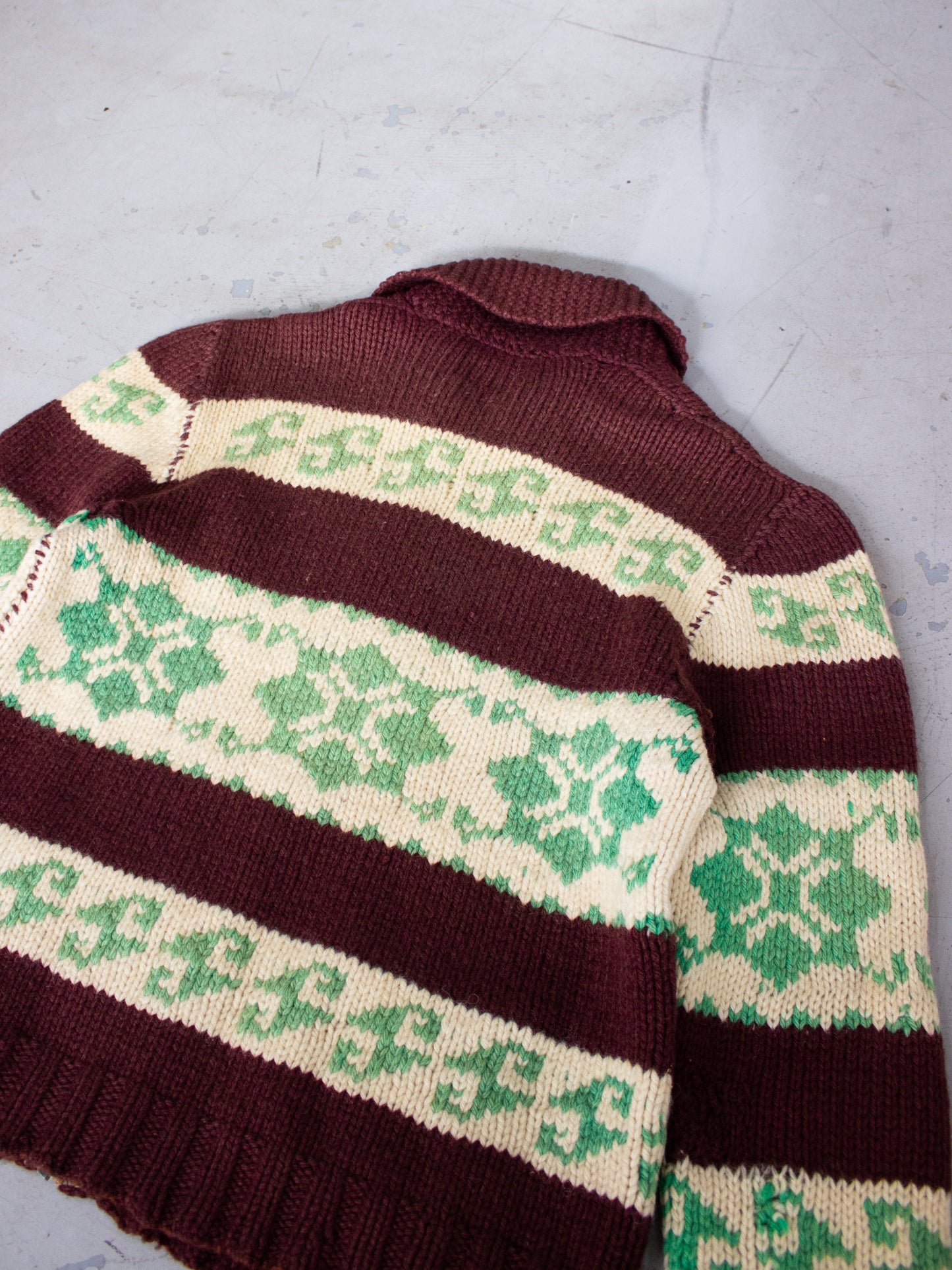 1970's Green & Brown Cowichan Style Wool Knit Sweater with Lion Zipper Large
