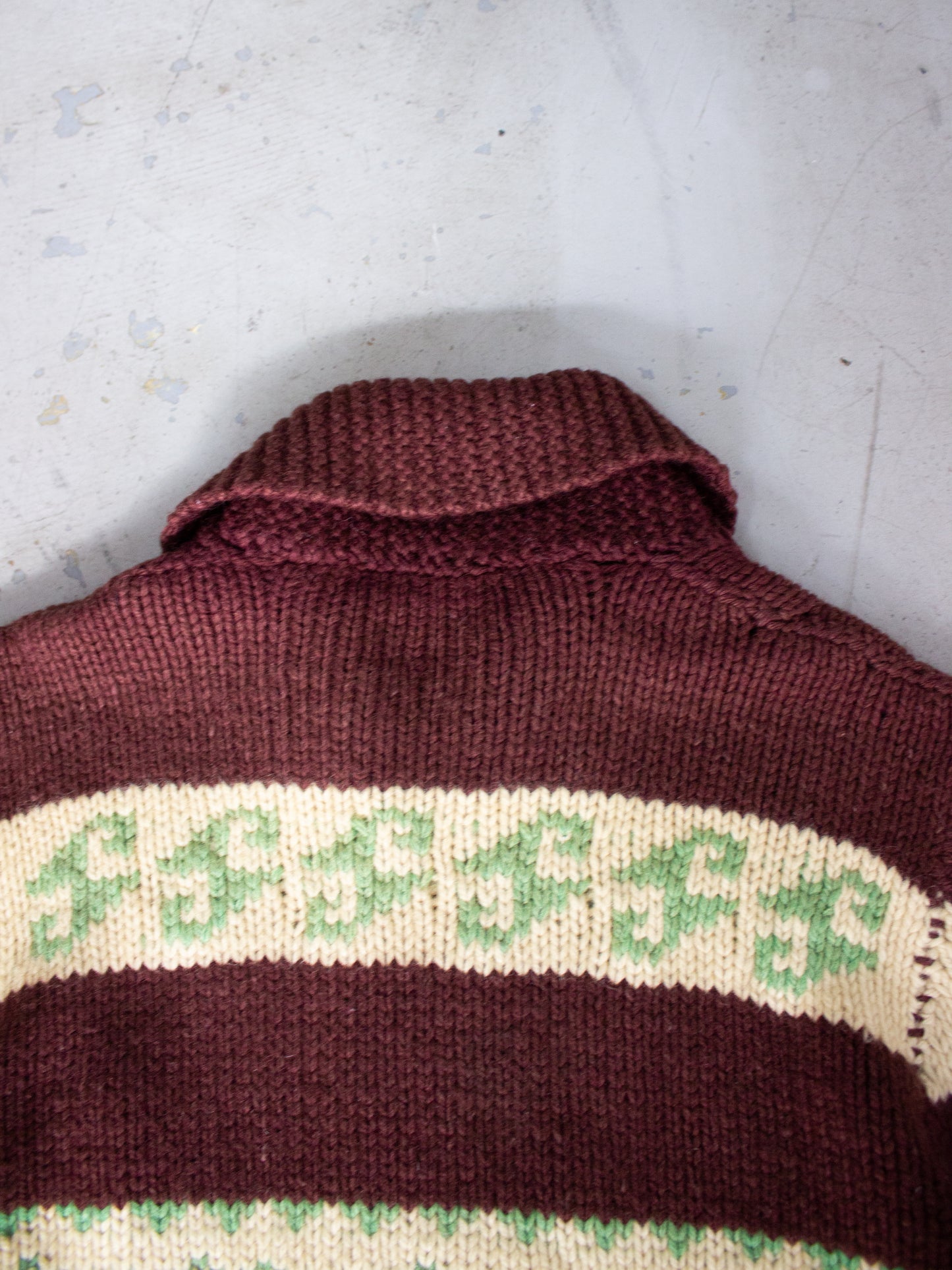 1970's Green & Brown Cowichan Style Wool Knit Sweater with Lion Zipper Large