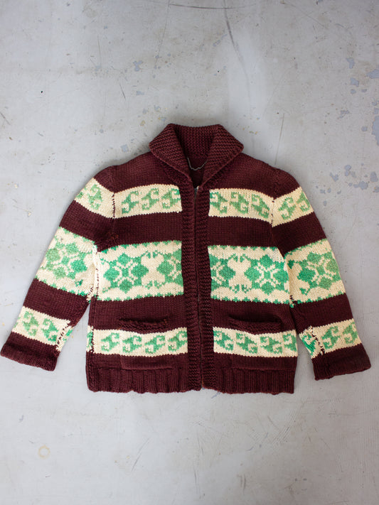 1970's Green & Brown Cowichan Style Wool Knit Sweater with Lion Zipper Large