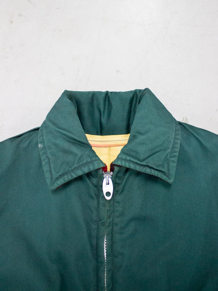 1970's Reversible Green Cotton and Red Buffalo Wool Flannel Jacket with Lightning Zipper Made in Canada (Size Small - Medium )