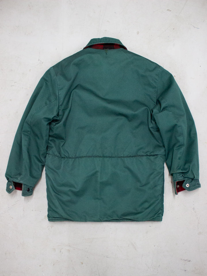 1970's Reversible Green Cotton and Red Buffalo Wool Flannel Jacket with Lightning Zipper Made in Canada (Size Small - Medium )