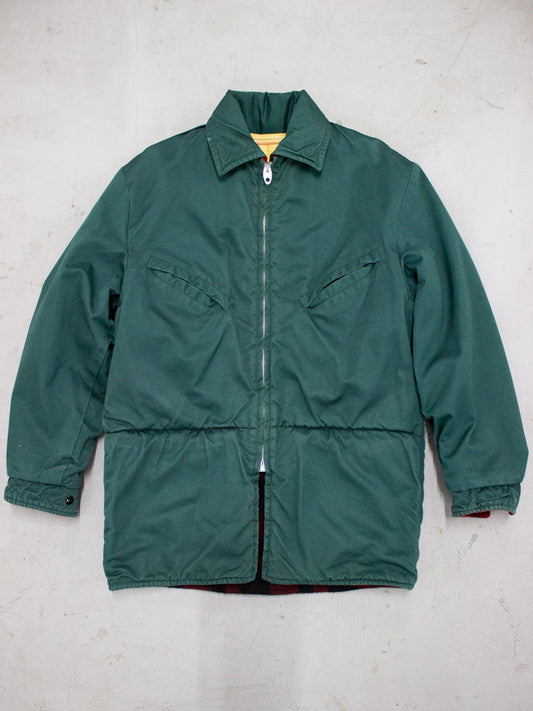 1970's Reversible Green Cotton and Red Buffalo Wool Flannel Jacket with Lightning Zipper Made in Canada (Size Small - Medium )