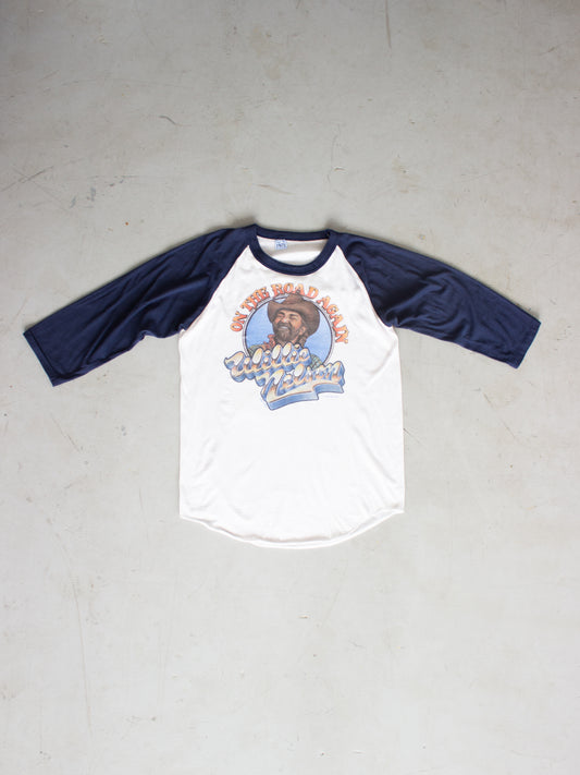 1980 Willie Nelson 'On The Road Again' White and Navy Raglan T-Shirt (Medium Large)