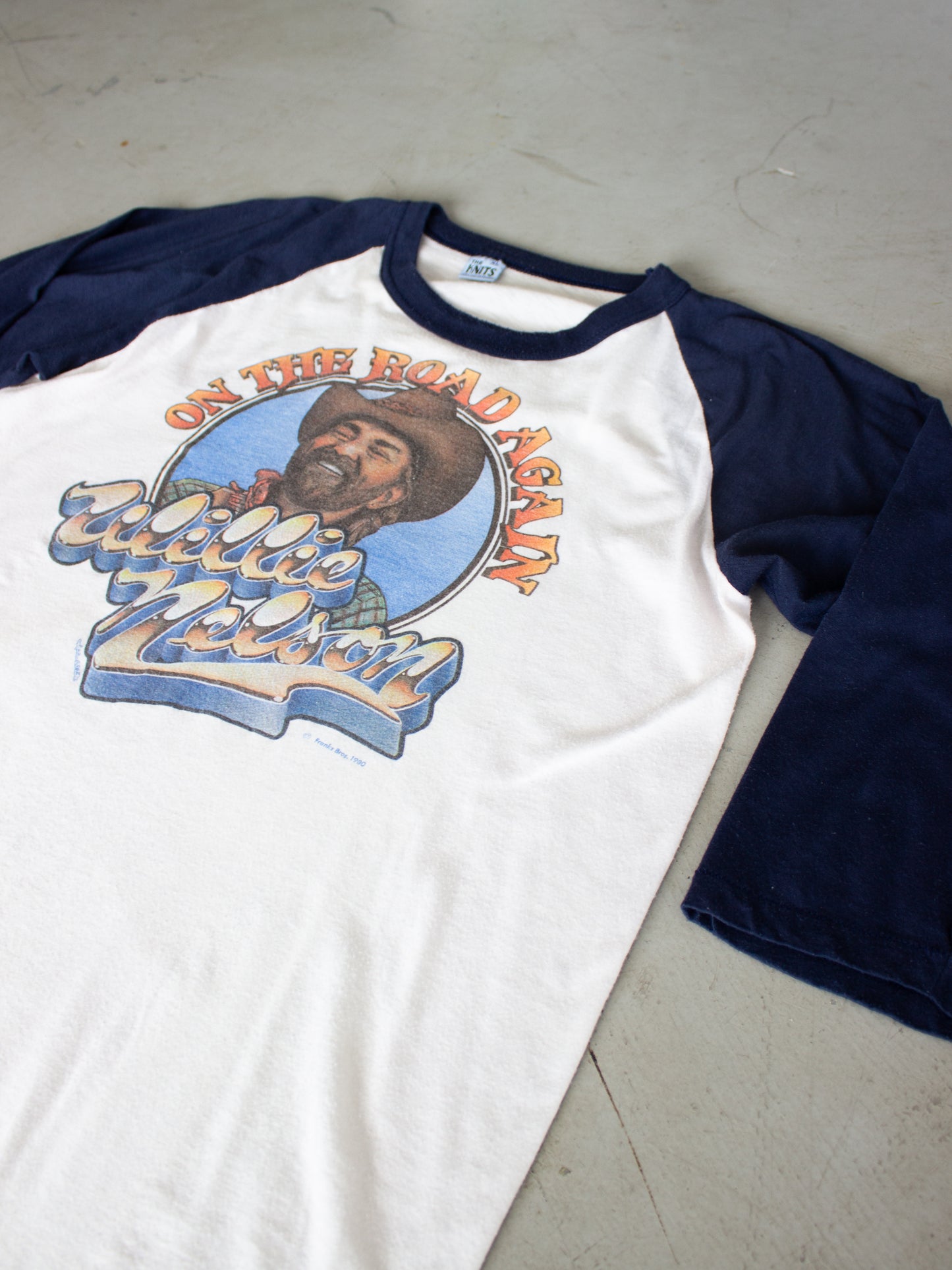 1980 Willie Nelson 'On The Road Again' White and Navy Raglan T-Shirt (Medium Large)