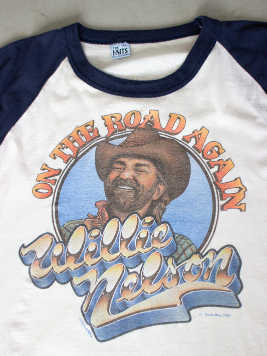 1980 Willie Nelson 'On The Road Again' White and Navy Raglan T-Shirt (Medium Large)