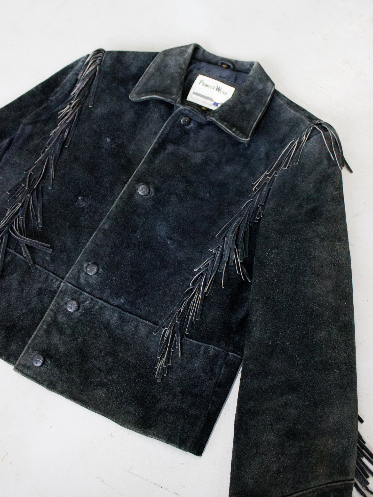 1980's Pioneer Wear Black Suede Fringe Western Jacket (Men's Medium)