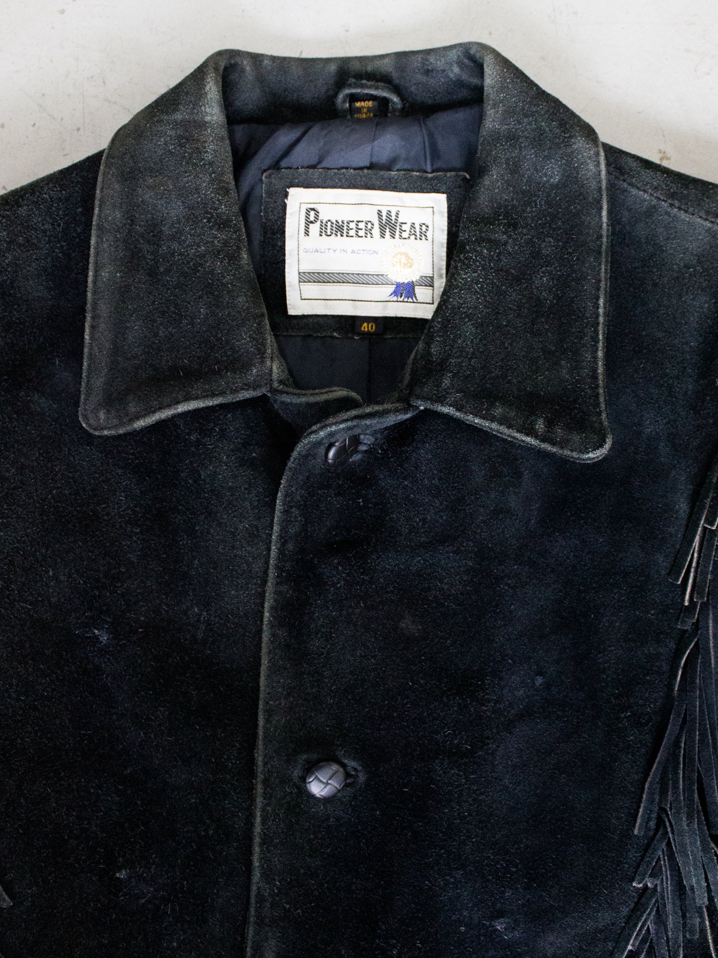 1980's Pioneer Wear Black Suede Fringe Western Jacket (Men's Medium)
