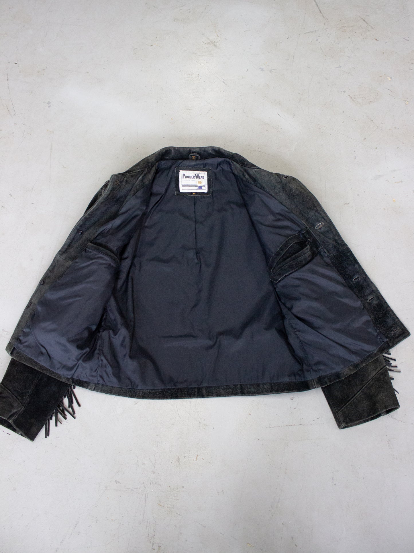 1980's Pioneer Wear Black Suede Fringe Western Jacket (Men's Medium)