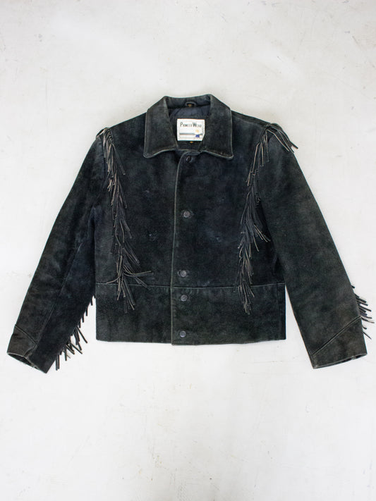 1980's Pioneer Wear Black Suede Fringe Western Jacket (Men's Medium)