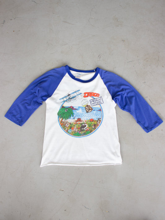 1983 Men at Work 'Cargo' North America Tour, White and Blue Raglan Tee (Small-Medium)