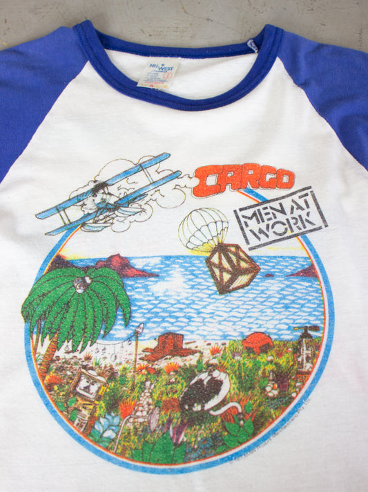 1983 Men at Work 'Cargo' North America Tour, White and Blue Raglan Tee (Small-Medium)