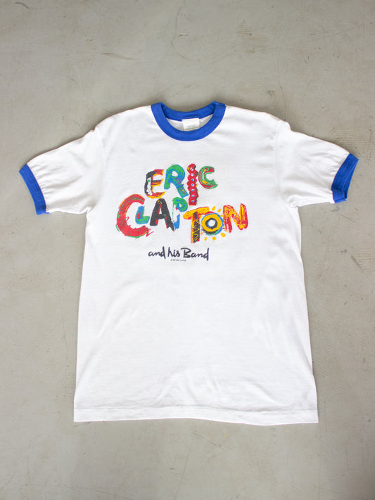1985 Eric Clapton 'Behind The Sun' Tour White Blue Ringer Tee (Men's Medium)