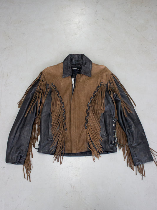 1990's Screaming Eagle Fringe Two Toned Leather Motorcycle Jacket (Medium-Large)