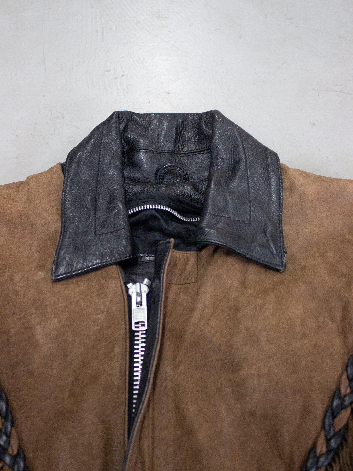 1990's Screaming Eagle Fringe Two Toned Leather Motorcycle Jacket (Medium-Large)