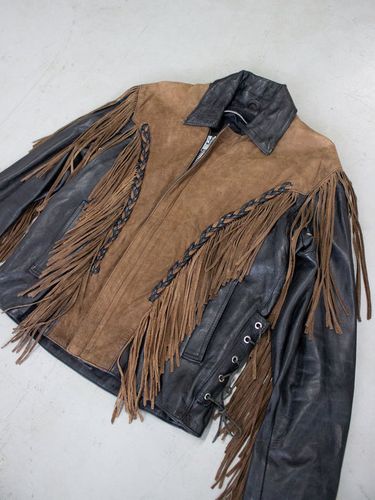1990's Screaming Eagle Fringe Two Toned Leather Motorcycle Jacket (Medium-Large)